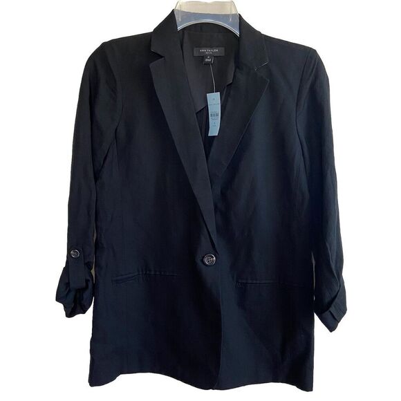 Ann Taylor Button Roll Tab Sleeve Linen Blend Blazer Black Size 0P - Picture 10 of 10